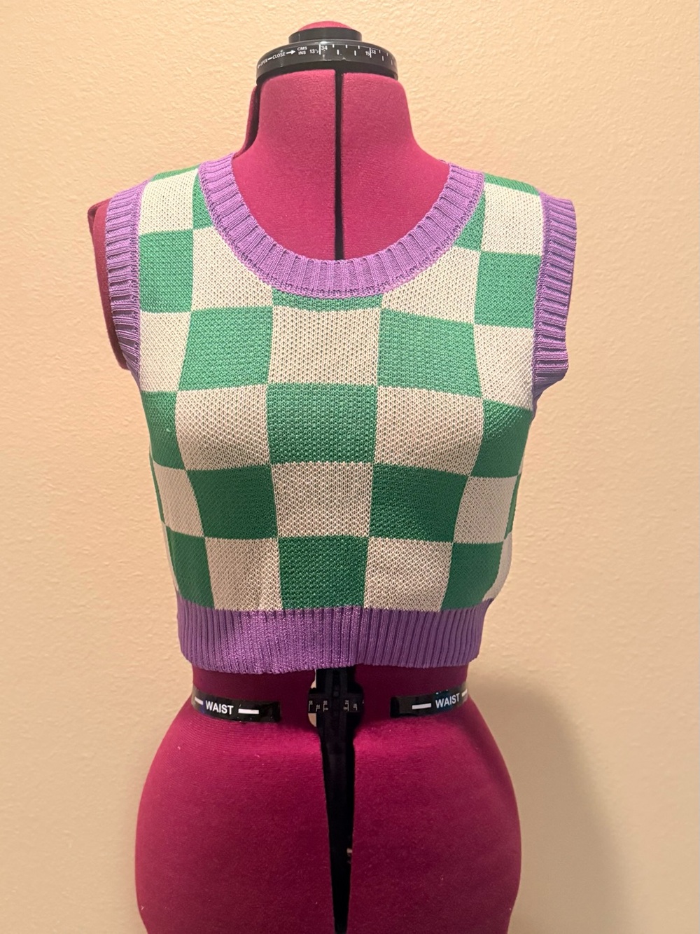Cider Green, White & Lavender Checker Knit Crop Top